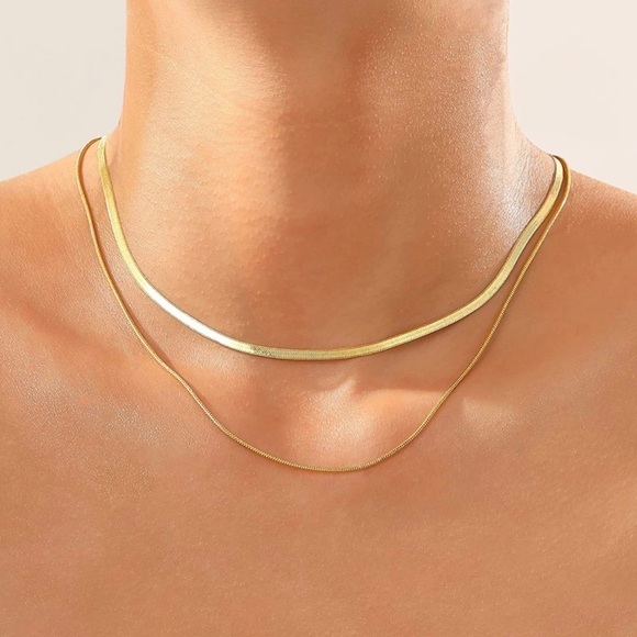 Gold 14k Gold Plated Herringbone Snake 2pc Necklace Set - Picture 2 of 3